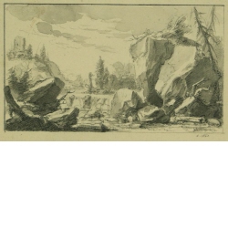 Felsiges Flusstal mit Wasserfall und Turmruine