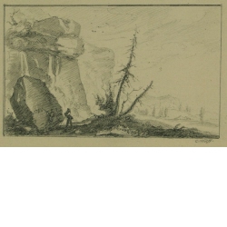 Landschaft mit hohen Felswänden, steilaufgerichteten Felsbrocken und Baumgruppe