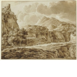 Zwei Figuren in felsiger Landschaft mit Burgruine