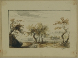 Landschaft mit drei Baumgruppen und Bauerngehöft