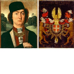 Bildnis Jakob von Savoyen, Graf von Romont (Vorderseite); vollständiges Wappen Jakobs von Savoyen, gehalten von zwei Löwen vor schwarzem Grund (Rückseite)