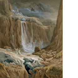 Wasserfall im Hochgebirge, zwischen zwei Gletschermassen