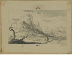Landschaft mit hohem Bergmassiv und Blick über ein Gebirgstal mit burgenbekrönten Hügeln