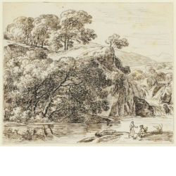 Baumreiche Landschaft am Fluss, vorne rechts zwei Figuren am Ufer