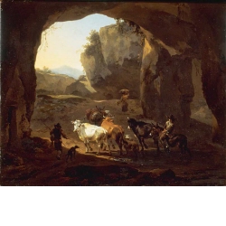 Bauern mit Viehherde in einer Grotte