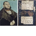 Bildnis Johann Friedrichs des Grossmütigen, Kurfürst von Sachsen (Vorderseite); schwarzer Anstrich mit aufgeklebtem Allianzwappen auf Papier (Rückseite)