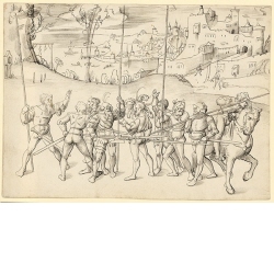 Acht Krieger und ein Reiter in Landschaft