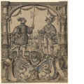 Scheibenriss mit Halbartier und Büchsenschütze, darunter zwei Bären als Schildhalter und das doppelte Wappen von Greyerz