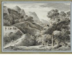 Baumreiche Landschaft mit Burg im Hintergrund und ruhendem Wanderer vorn