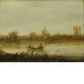 Flusslandschaft mit Anglern in einem Boot