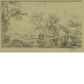 Landschaft mit Holzbrücke und zwei Wanderern