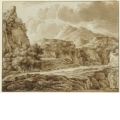 Zwei Figuren in felsiger Landschaft mit Burgruine