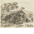Baumreiche Landschaft am Fluss, vorne rechts zwei Figuren am Ufer